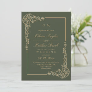 Sage Green & Gold Elegant French Floral Wedding Invitation