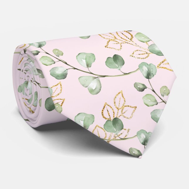 Sage Green & Gold Eucalyptus Blush Pink Wedding Tie (Rolled)