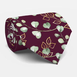 Sage Green & Gold Eucalyptus Burgundy Wedding Tie