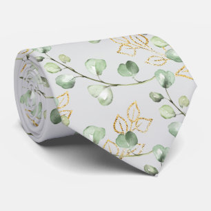 Sage Green & Gold Eucalyptus Dove Grey Wedding Tie