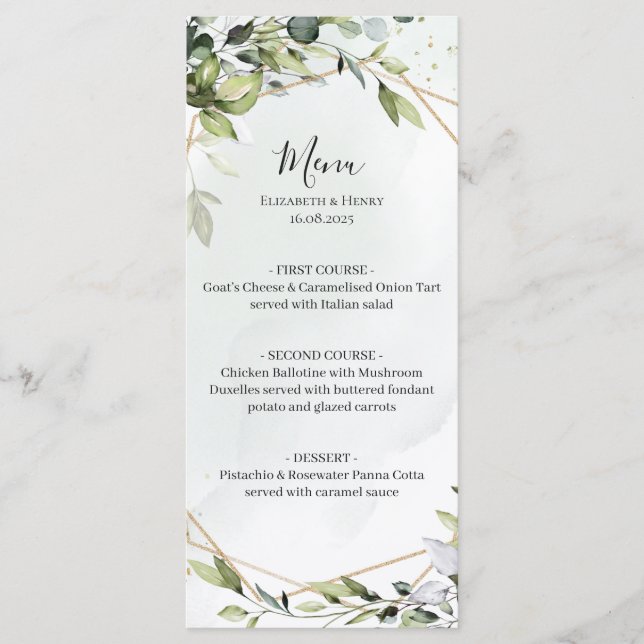 Sage green gold eucalyptus geometric wedding menu (Front)