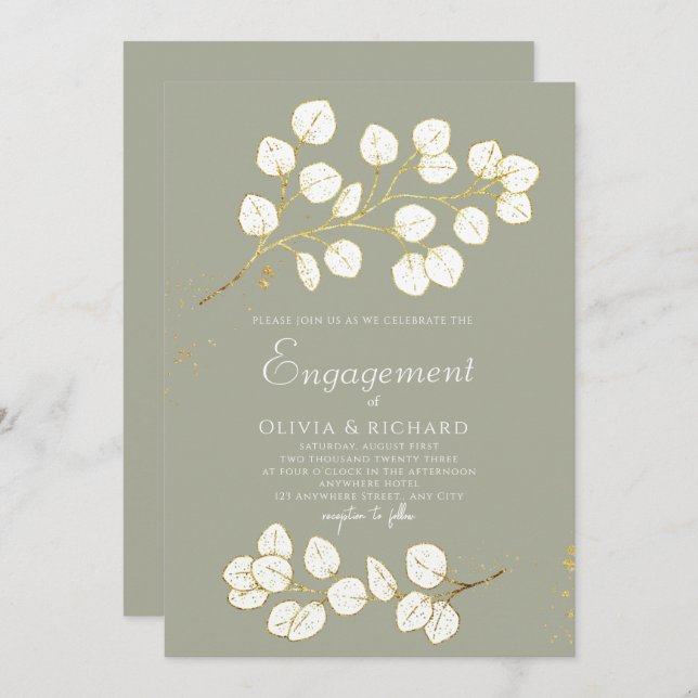 Sage Green Gold Eucalyptus Leaves Engagement Party Invitation (Front/Back)