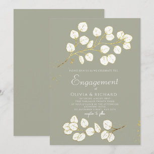 Sage Green Gold Eucalyptus Leaves Engagement Party Invitation