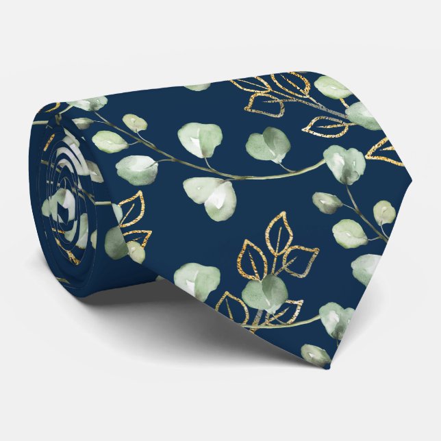 Sage Green & Gold Eucalyptus Navy Wedding Tie (Rolled)