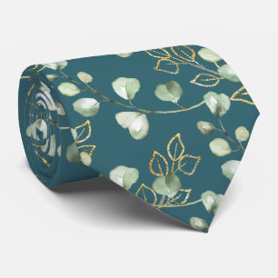 Sage Green & Gold Eucalyptus Teal Green Wedding Tie