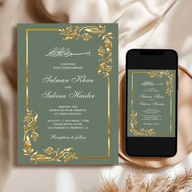 Sage Green Gold Floral Border Islamic Wedding Invitation (Creator Uploaded)
