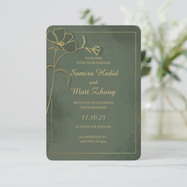 Sage Green Gold Floral Elegant Wedding Invitation (Standing Front)