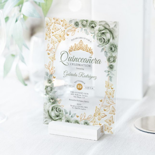Sage Green Gold Floral Quinceanera Acrylic Invitations (Creator Uploaded)