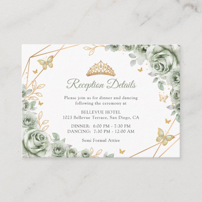 Sage Green Gold Floral Quinceanera  Details Enclosure Card (Front)