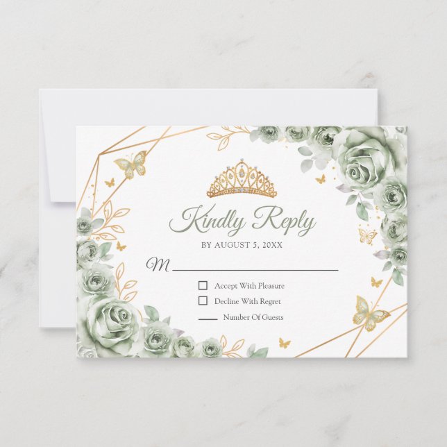 Sage Green Gold Floral Quinceanera Reply RSVP Card (Front)