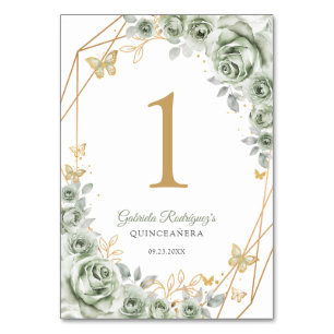 Sage Green Gold Floral Quinceanera Table Number