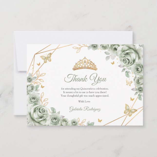 Sage Green Gold Floral Quinceanera Thank You Card (Front)