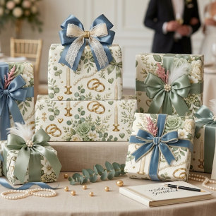 Sage Green Gold Floral Wedding Gift Wrap with Dove