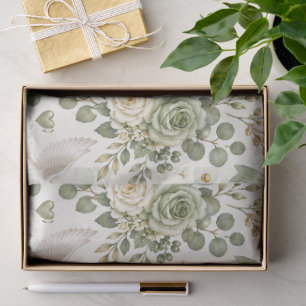 Sage Green Gold Floral Wedding Gift Wrap with Dove Tissue Paper