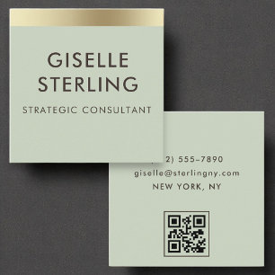 Sage Green Gold Foil Luxury QR Code Minimal  Square Business Card