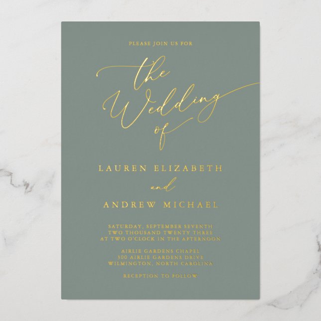 Sage Green Gold Foil Monogram Minimalist Wedding (Front)