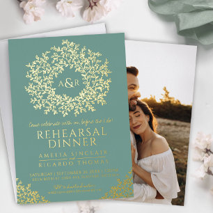 Sage green gold foil monogram rehearsal dinner