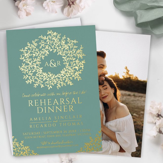 Sage green gold foil monogram rehearsal dinner (Creator Uploaded)
