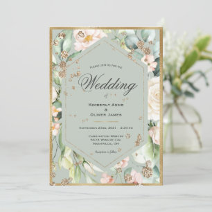 Sage Green Gold Frame Watercolor Floral Wedding Invitation