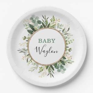 Sage Green Gold Garden Greenery Baby Shower Paper Plate
