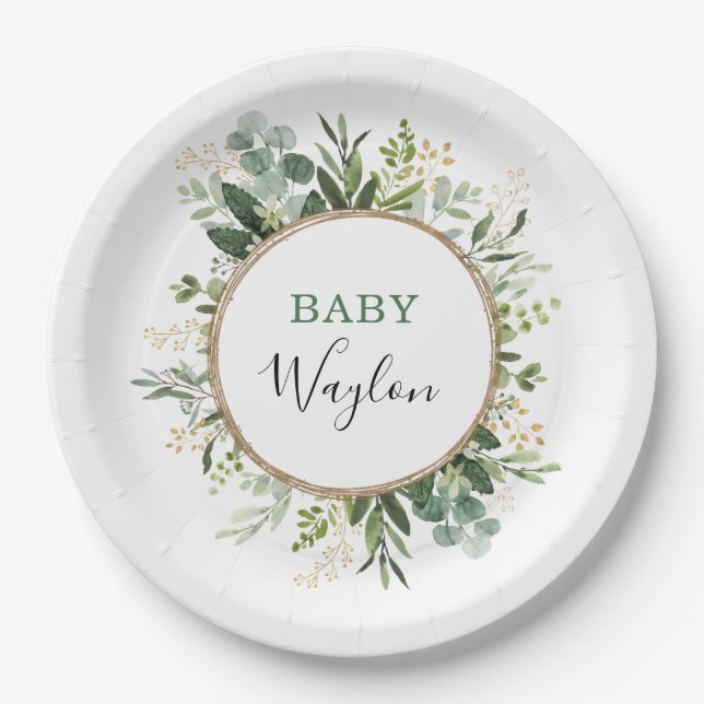 Sage Green Gold Garden Greenery Baby Shower Paper Plate (Front)