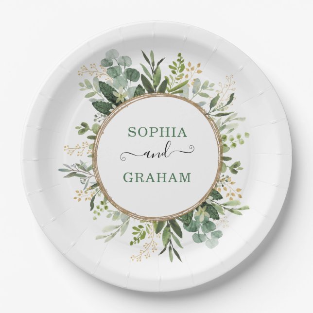 Sage Green Gold Garden Greenery Wedding Paper Plate (Front)