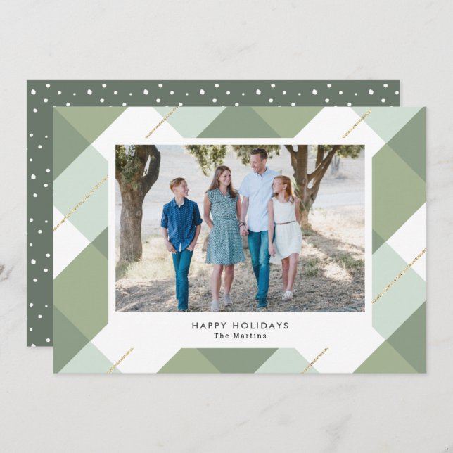 Sage Green & Gold Gingham Plaid Photo Holiday Card (Front/Back)
