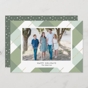Sage Green & Gold Gingham Plaid Photo Holiday Card