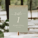 Sage Green Gold Glitter Edge Wedding Table Number<br><div class="desc">The top edge of this elegant modern wedding table number features a gold faux glitter design. The customisable text combines ivory handwriting,  copperplate and italic fonts on a sage green background.</div>