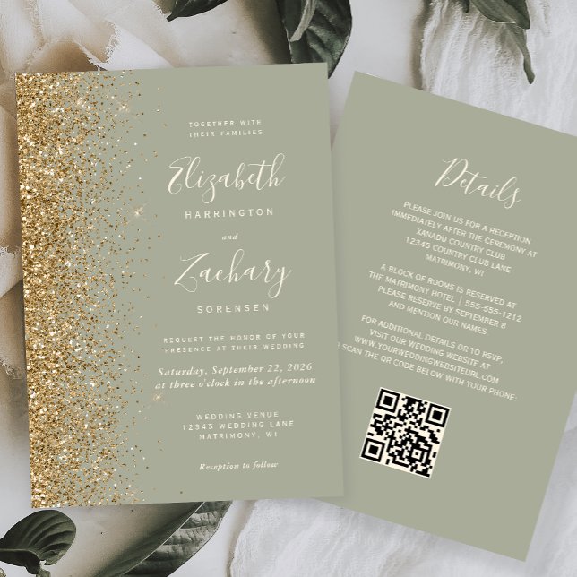 Sage Green Gold Glitter QR Code Wedding Invitation (Creator Uploaded)