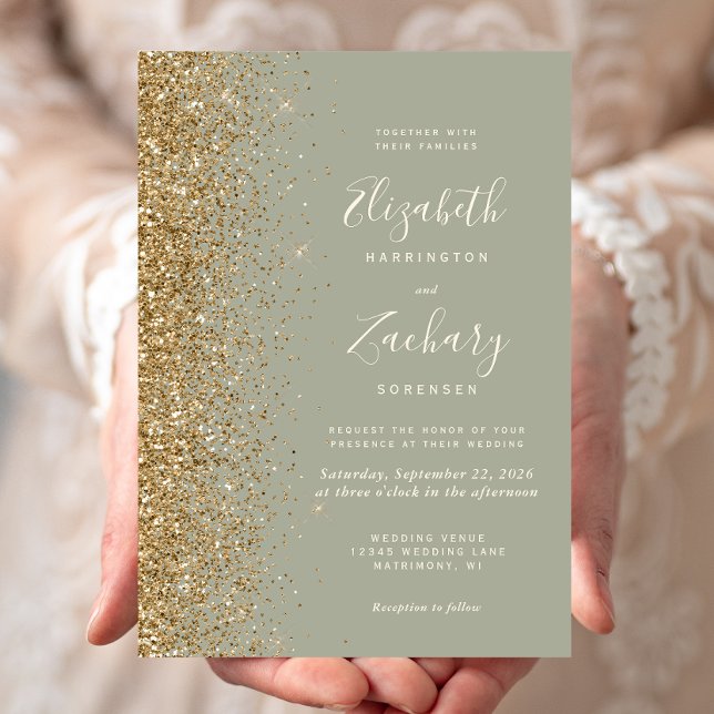 Sage Green Gold Glitter Wedding Invitation (Creator Uploaded)