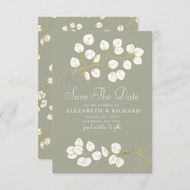 Sage Green Gold Greenery Eucalyptus Leaves Save The Date (Front/Back)