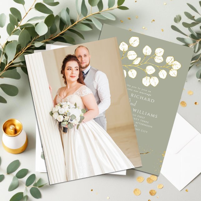 Sage Green Gold Greenery Eucalyptus Photo Wedding Invitation (Creator Uploaded)