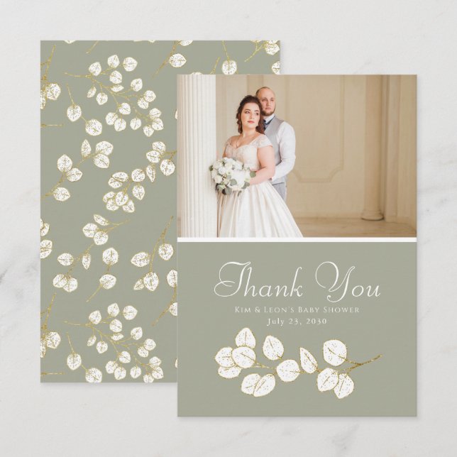 Sage Green Gold Greenery Eucalyptus  Thank You Card (Front/Back)