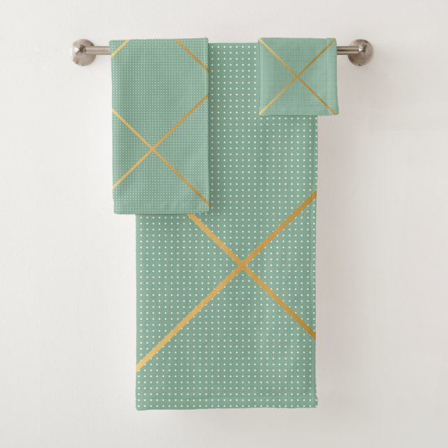 SAGE GREEN GOLD GRID DESIGN BATH TOWEL SET (Insitu)