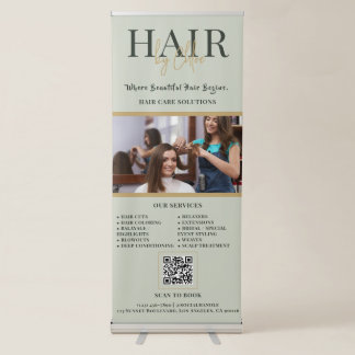 Sage Green Gold Hair Salon Photo QR Scan to Book Retractable Banner