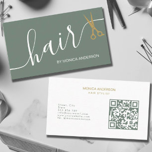 Sage Green Gold Hair Script Scissors QR Code Business Card