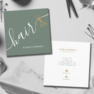 Sage Green Gold Hair Script Stylist Scissors Square Business Card