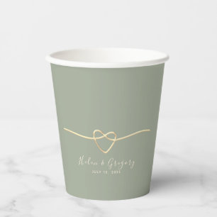 Sage Green & Gold Heart Wedding Paper Cups