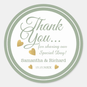 Sage Green Gold Heart Wedding Thank You Favor Classic Round Sticker