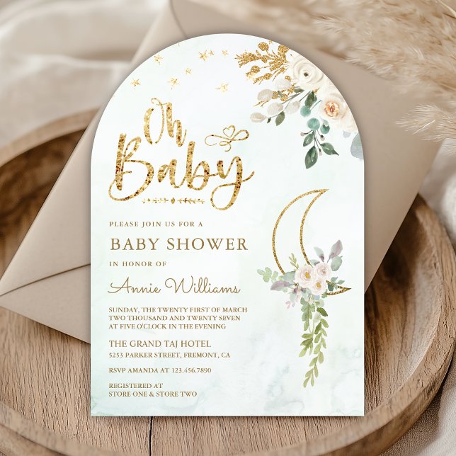 Sage Green Gold Ivory Floral Moon Arch Baby Shower Invitation (Creator Uploaded)