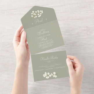 Sage Green Gold Leaves Greenery Wedding All In One All In One Invitation