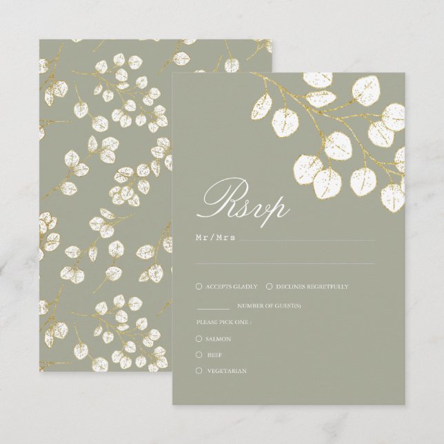 Sage Green Gold Leaves Greenery Wedding RSVP Card (Front/Back)