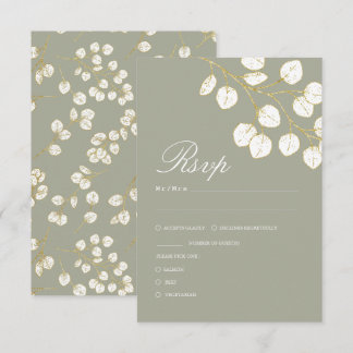 Sage Green Gold Leaves Greenery Wedding RSVP Card