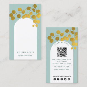 Sage Green Gold Leaves Modern Arch QR Code Business Card