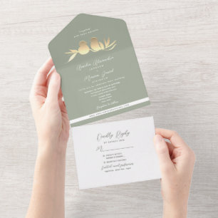 Sage Green Gold Lovebirds Wedding All In One Invitation