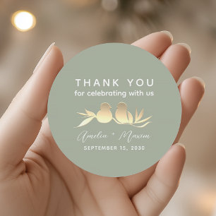 Sage Green Gold Lovebirds Wedding Classic Round Sticker