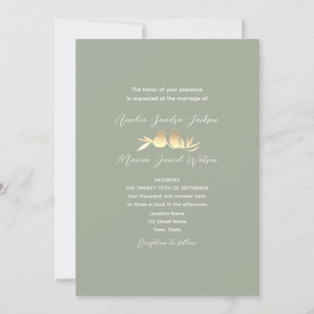 Sage Green Gold Lovebirds Wedding Invitation (Front)