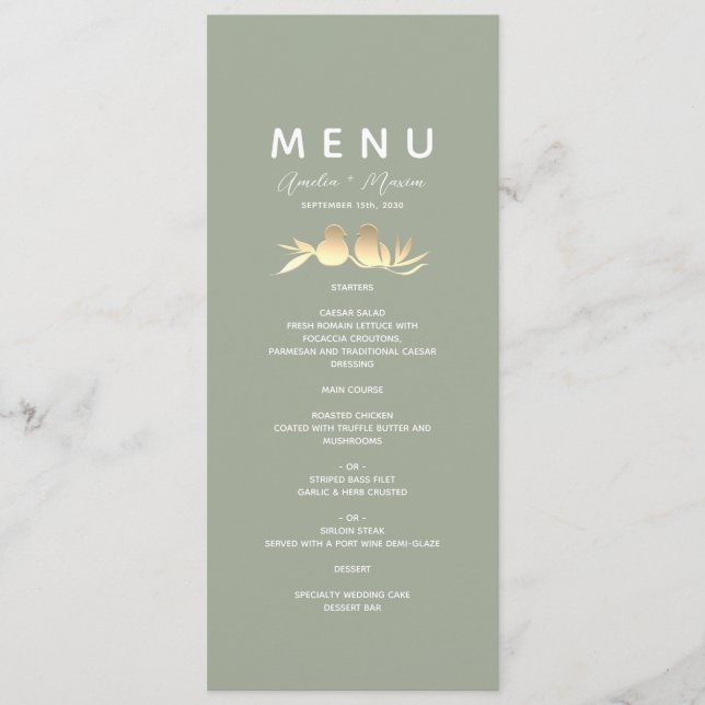 Sage Green Gold Lovebirds Wedding Menu (Front)