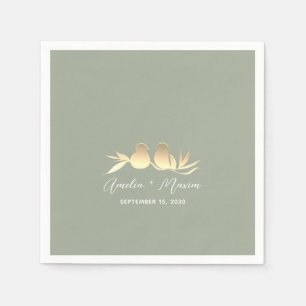 Sage Green Gold Lovebirds Wedding Napkin